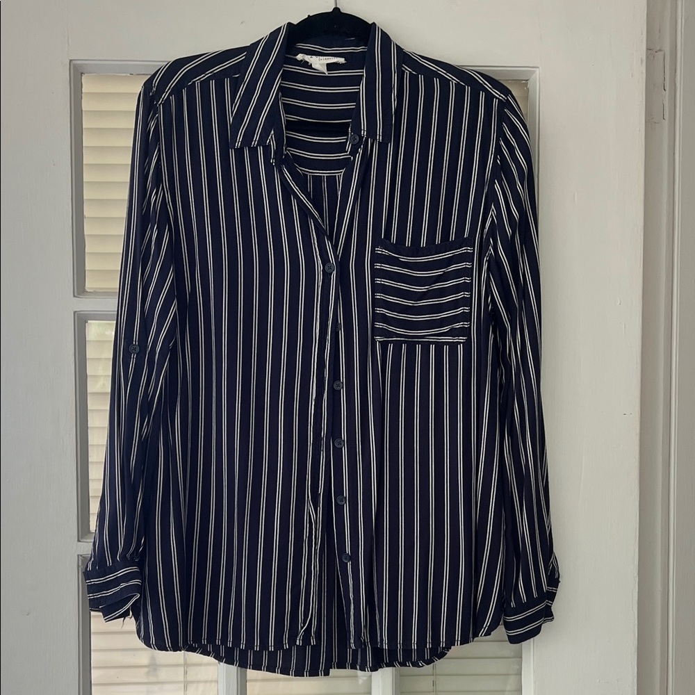Navy and White Striped Soft Button-Up Shirt